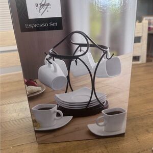 New B. Smith 13-pc White Porcelain Ceramic Espresso Cup & Saucer Set with Stand